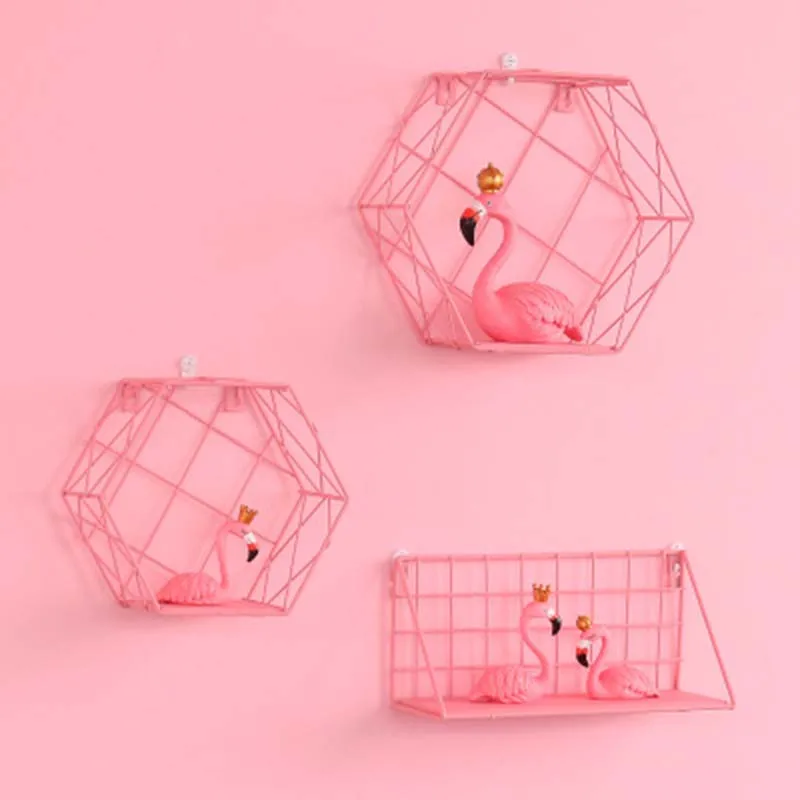 Скандинавские железные розовые стеллажи для хранения с шестигранной сеткой