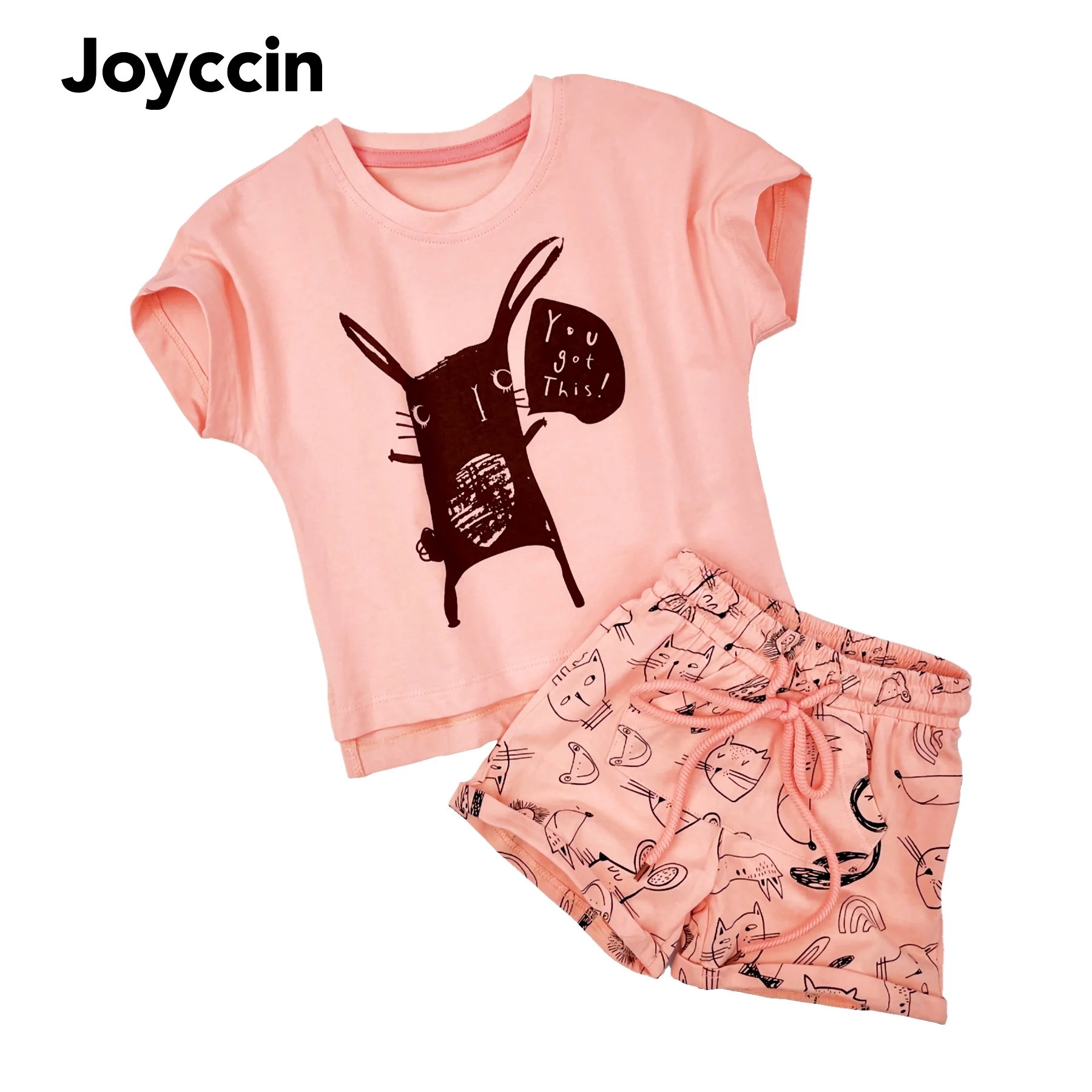 

Joyccin Cotton Children's Clothing Suit Summer Girl's Casual Pink Crewneck T-Shirt Matching Printing Elastic Waist Shorts Set