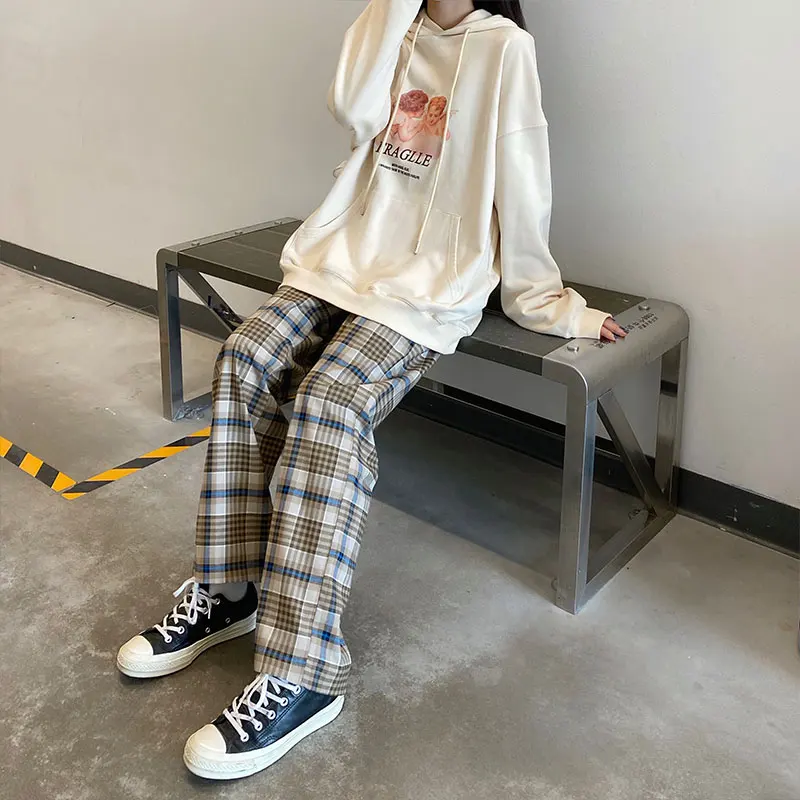 

SML 2020 korean style plaid suit straight trouser female autumn vintage high waist plaid long pants womens (X1613)