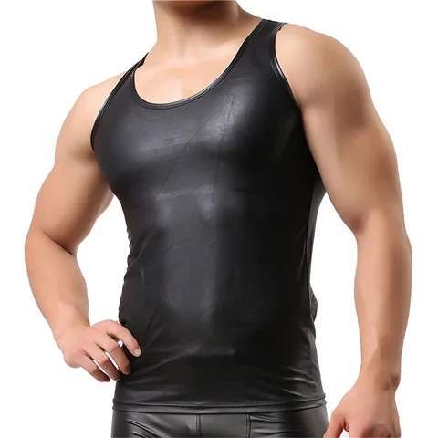 Мужские сексуальные майки из искусственной кожи без рукавов эротическая форма облегающие Мягкие латексные обтягивающие футболки из лакированной кожи сексуальные