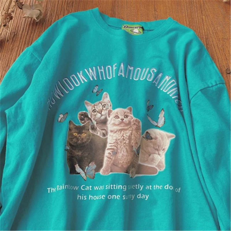 

2021 Women's Harajuku Kawaii T-shirt O-neck Fashion Women Loose Short-sleeved Aesthetic Tshirt White Tops Cat Female T Shirt