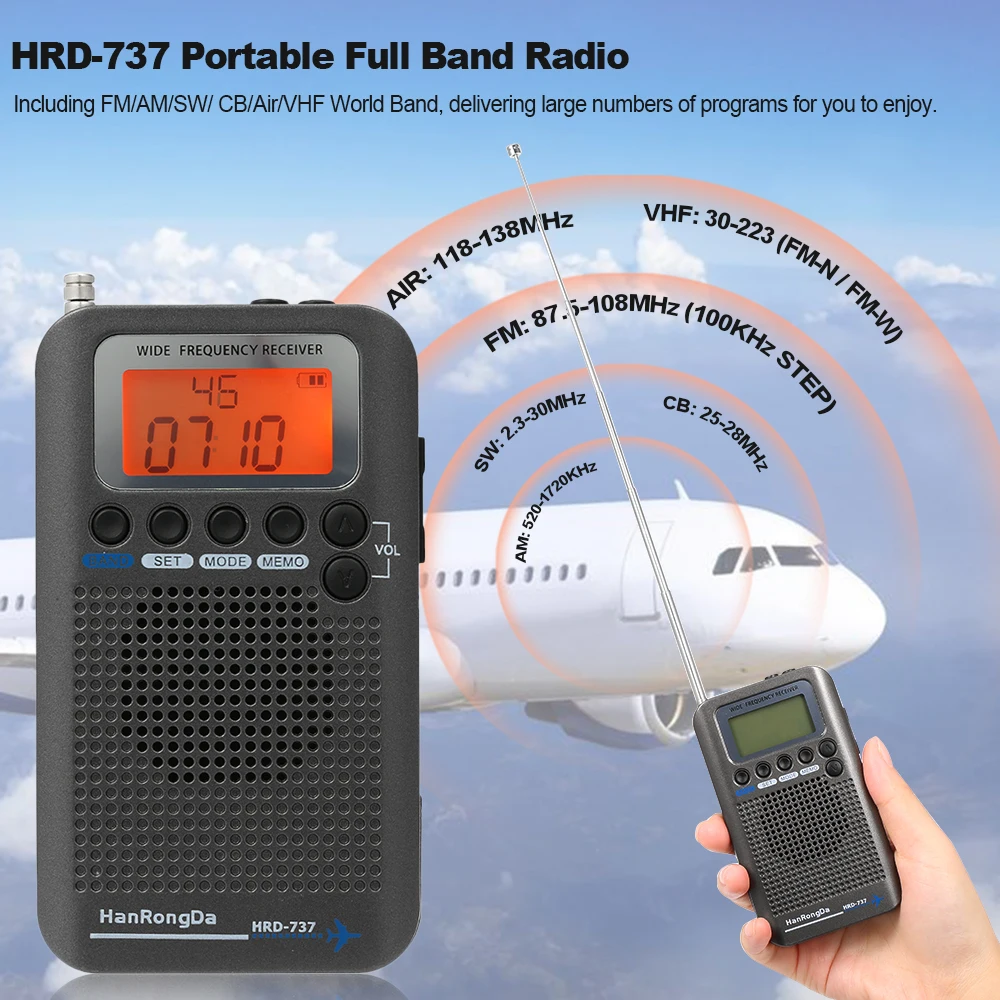 Портативный радиоприемник HanRongDa с ЖК дисплеем FM/AM/SW/ CB/Air/VHF