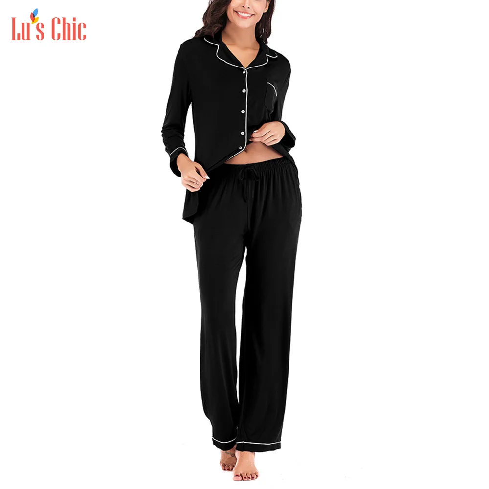 

Lu's Chic Long Sleeve Pajama Set 2 PCs Pants Pockets Nightwear Women's Botton Down Loungewear