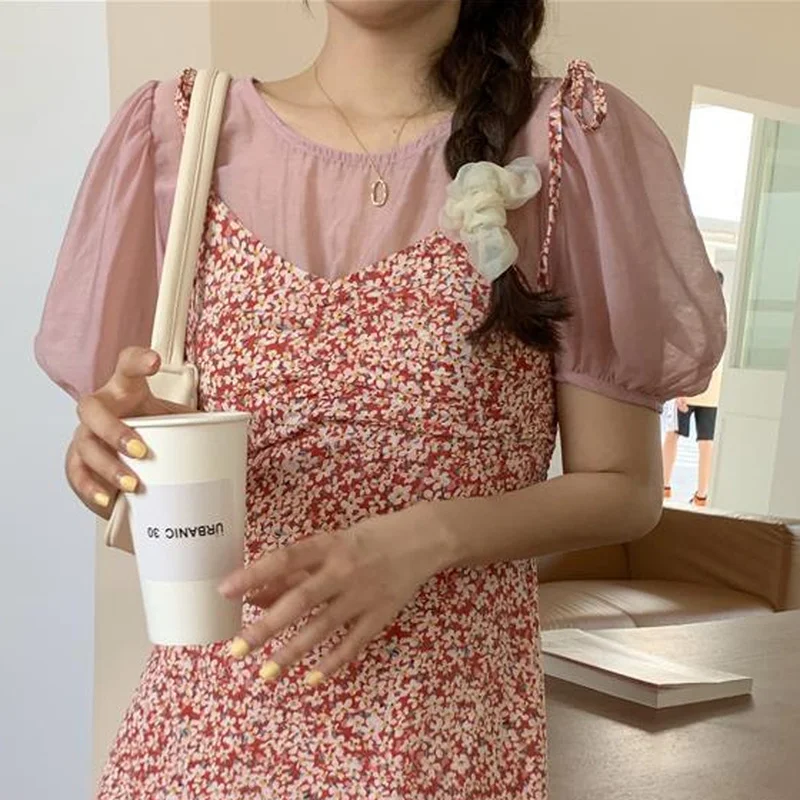

Sets Women Outfits Prairie Chic Lovely Girls Short Sleeve Shirt and Print Slim Summer Chiffon Knee-Length Dress 2 Pieces Set New
