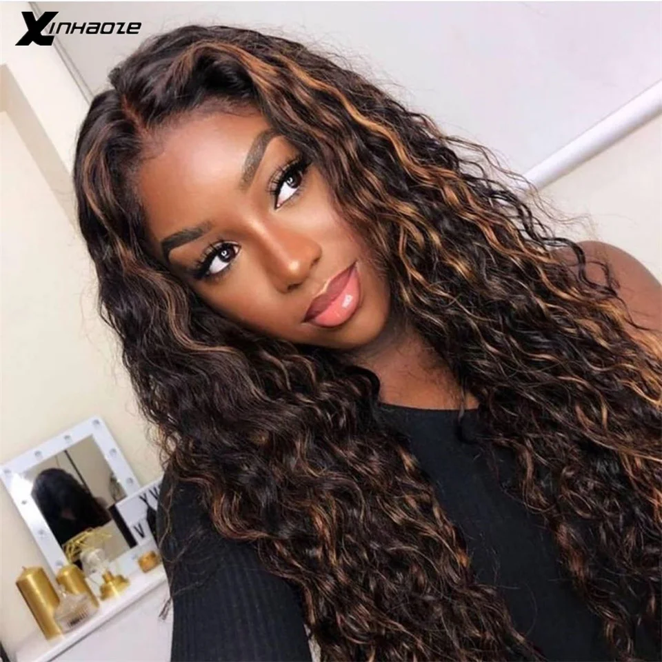 

Xinhaoze Curly Human Hair Wig Honey Blonde Ombre 13x1 Brazilian Brown Color Deep Water Wave Hd Frontal Highlight Bob Lace Front