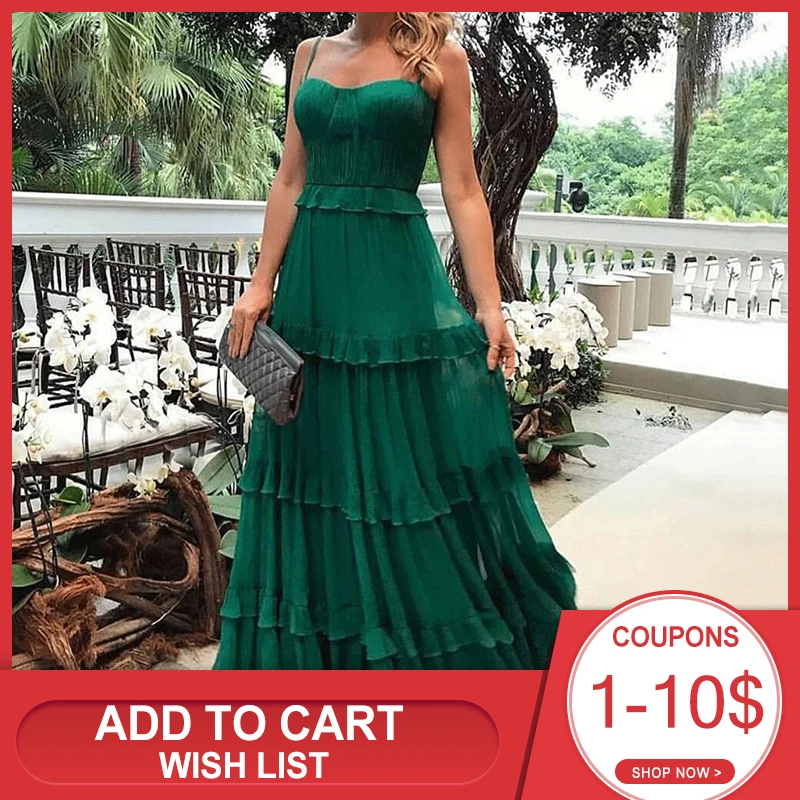 Зеленый богемное платье макси для женщин пикантные оборками Спагетти ремень