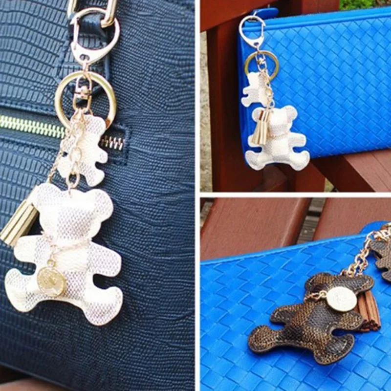 

New Fashion Keychain Cute Style Bear Faux Leather Tassel Simple Decor Bag Pendant Car Key Hanging Accessories Gift Drop Shipping
