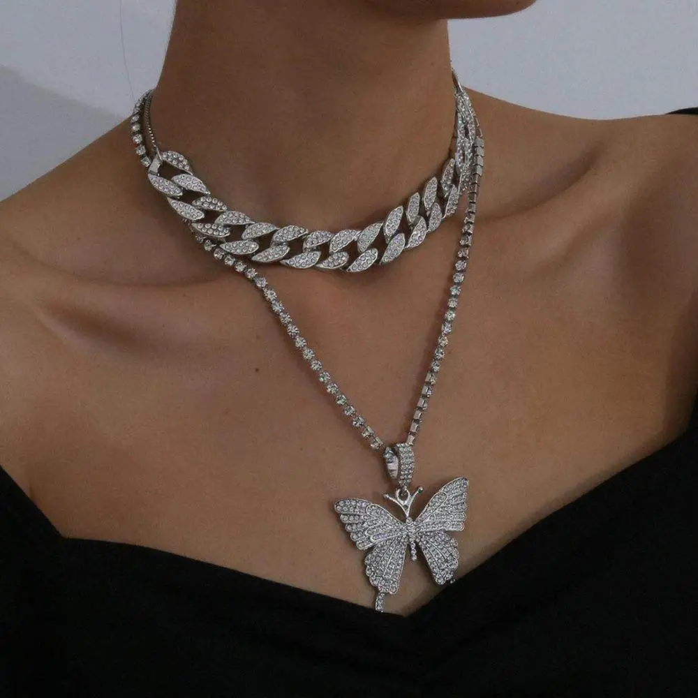 

Sparkling Crystal Rhinestone Butterfly Necklace Set Necklace women's butterfly chain shiny hip-hop Pendant Jewelry