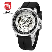 wirst watch shark sports watch men fashion 3d skull design sas shield anchor vintage mechanical watches silicone strap skeleton