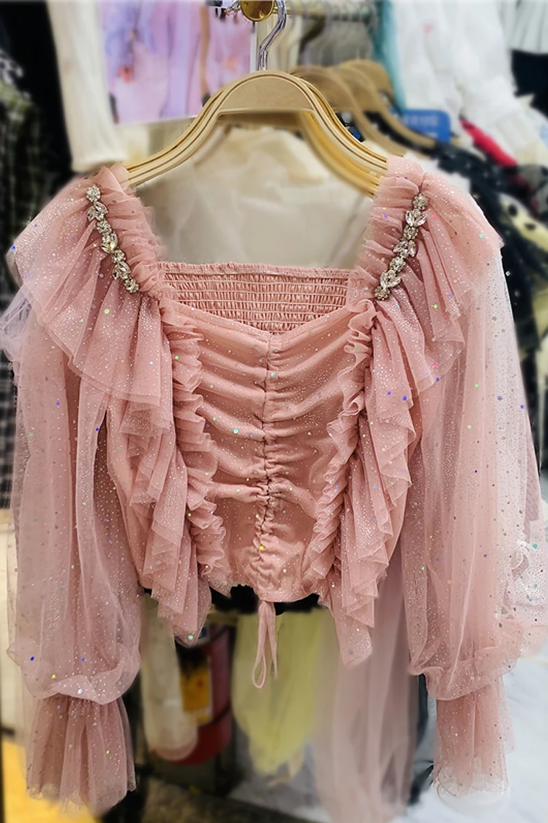 

Spring 2021 Square Collar Off Shoulder Drawstring Ruffled Long Sleeve Elegant Lace Chiffon Shirt Short Top for Women Blouses