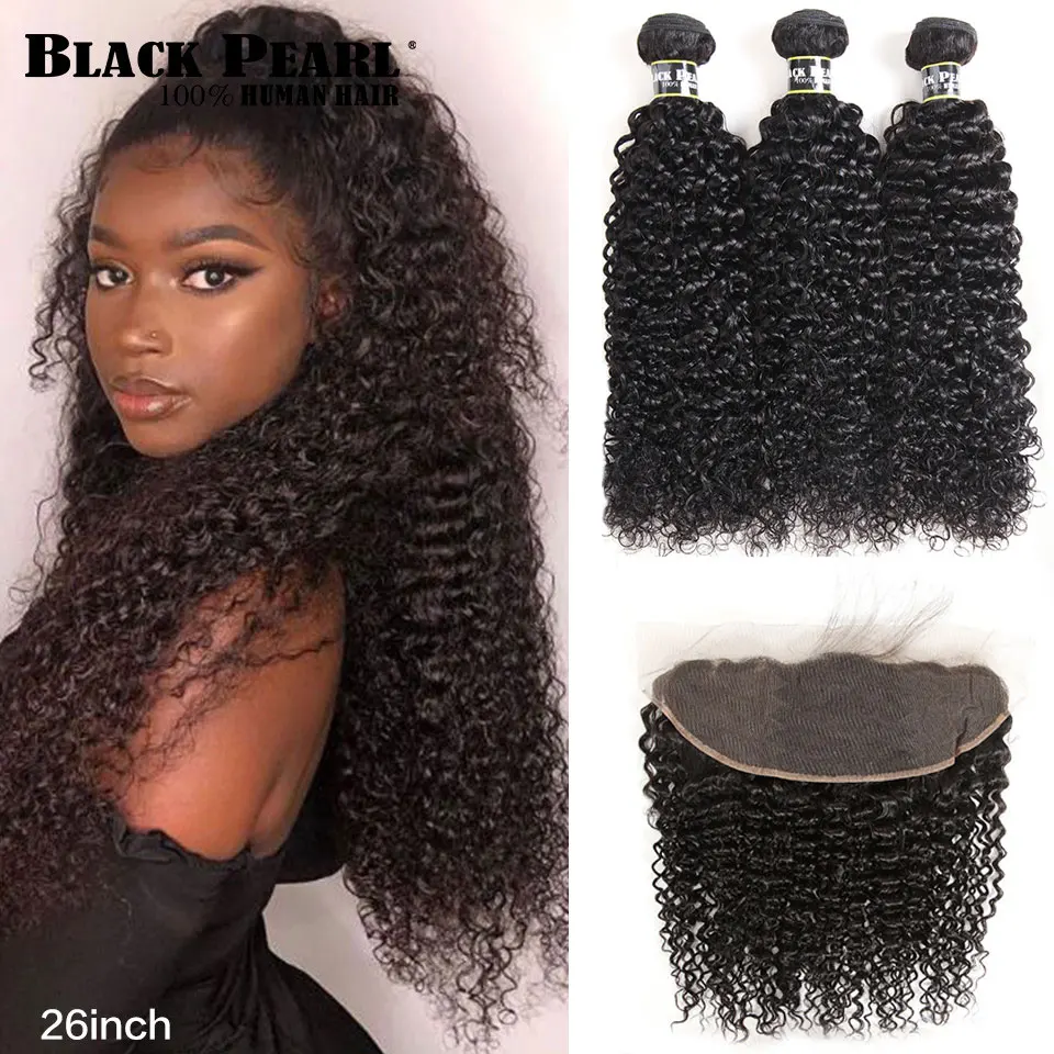 Black Pearl Kinky Curly Lace Frontal Closure 13x4 With Bundle Brazilian Curly Weave Remy Human Hair 3 Bundles With Lace Frontal