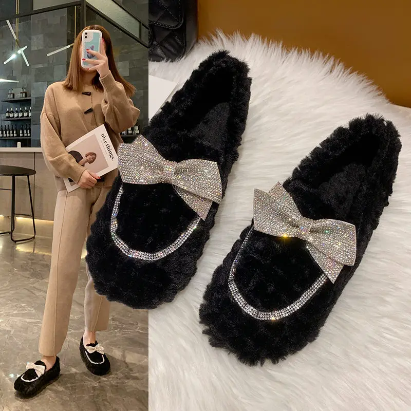 

Loafers Fur Mixed Colors Winter Shoes Women Round Toe Slip-on Casual Female Sneakers Autumn Crystal Flats Bow-Knot Slip On New F