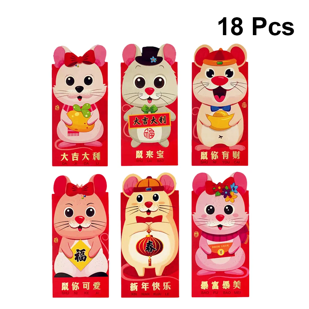 

18pcs Red Envelopes 2020 Cartoon Rat Money Gift Envelopes Red Packets for New Year Birthday Chinese Wedding Random Pattern