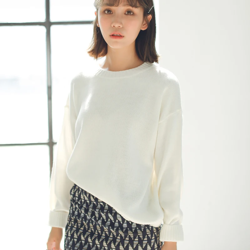 

All Match Basic Style Loose Casual Fashion Solid O-neck Long Sleeve Female Sweaters