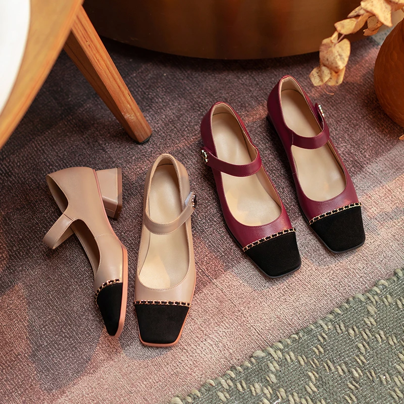 

HOT Women Shoes Natural Leather pumps 22-25cm spring and summer cowhide Sheepskin insole Two-color stitching Mary Jane shoes