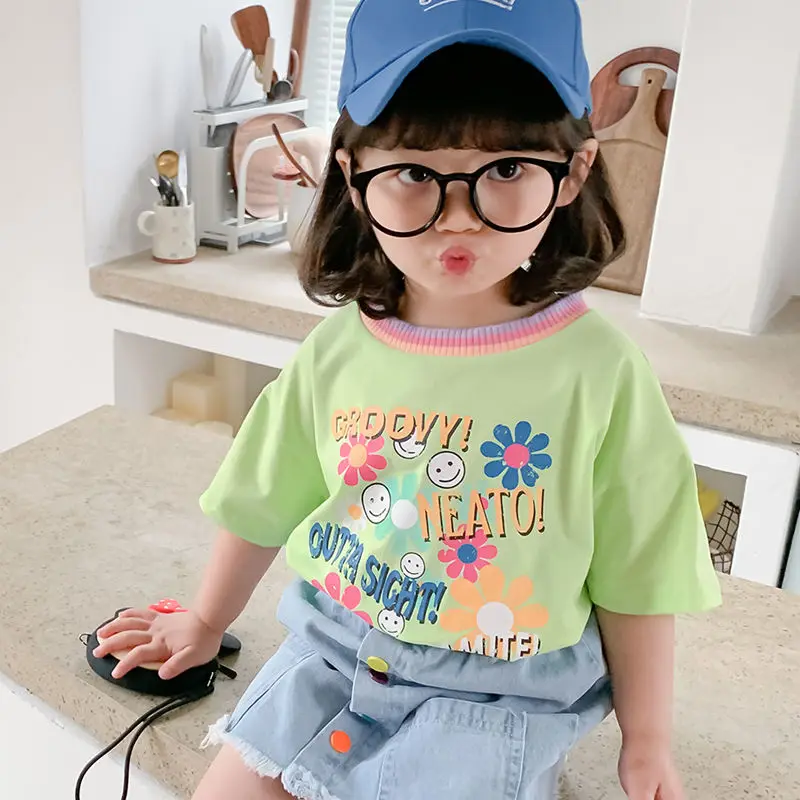 

Baby kids Girls t- shirt Summer Children Short Sleeve Loose candy flowers t-shirts baby girls cotton rainbow tops tees P4 007