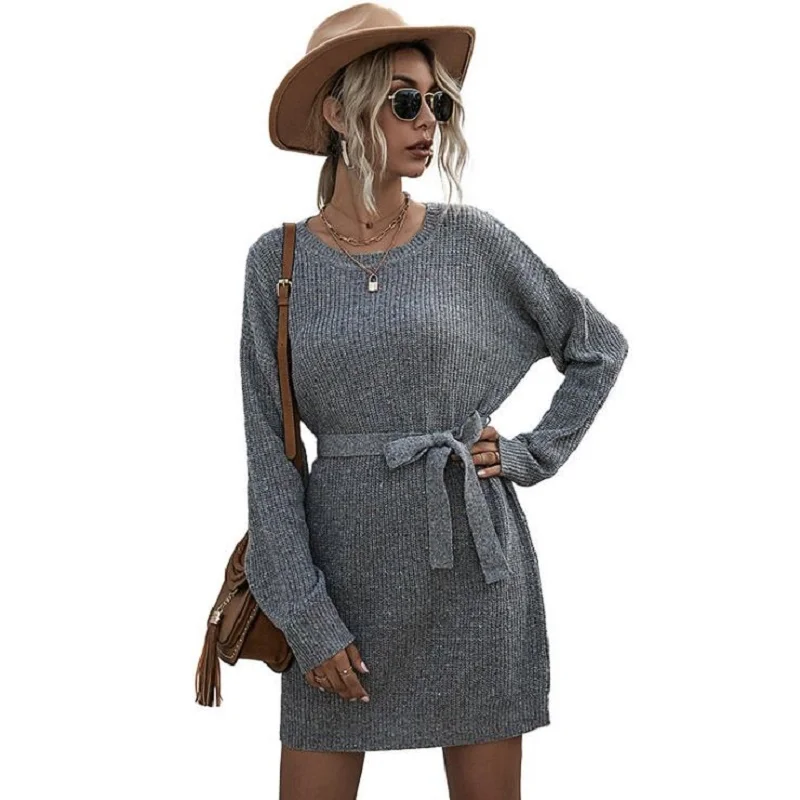 

2020 New Warm Long Sleeve Women Sweater Dress Thick Winter Woman Loose Dress Belt Solid Warm Autumn Knitting Cotton Dress