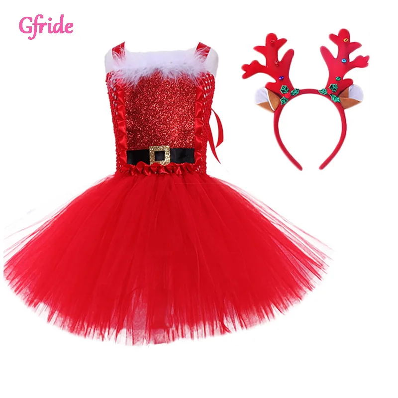 

Red New Year Dress With Headband Girls Cute Gauze Tutu Skirt Christmas Kids Dance Performance Costume Children's Clothing