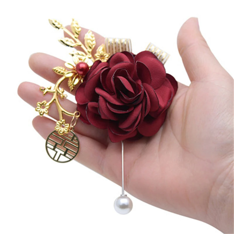 

90Pcs Chinese Style Wedding Party Boutonniere Girls Bridesmaid Rose Pearl Corsage Pin Lapel Multicolor Fabric Wedding Supplies