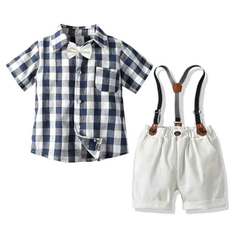 

Summer Kids Boy Clothes Set Cotton Lattice Short Sleeve Bow Tie Tops+ Suspender Shorts 4pcs Children Gentleman Party Suit