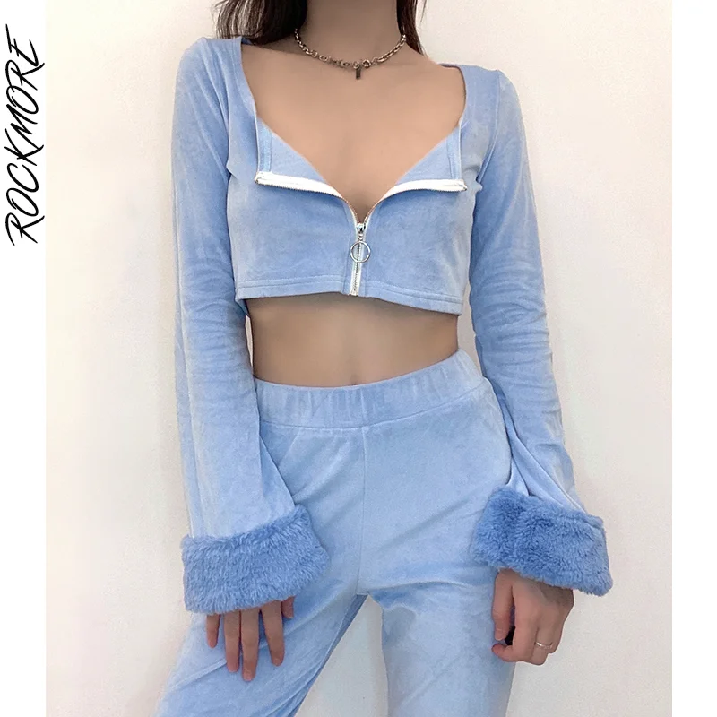 

Rockmore Velvet Crop Tops Cardigan Women Fur Sleeves T Shirts Streetwear Autumn Casual Aesthetic E Girl Zip Up Tee Korean