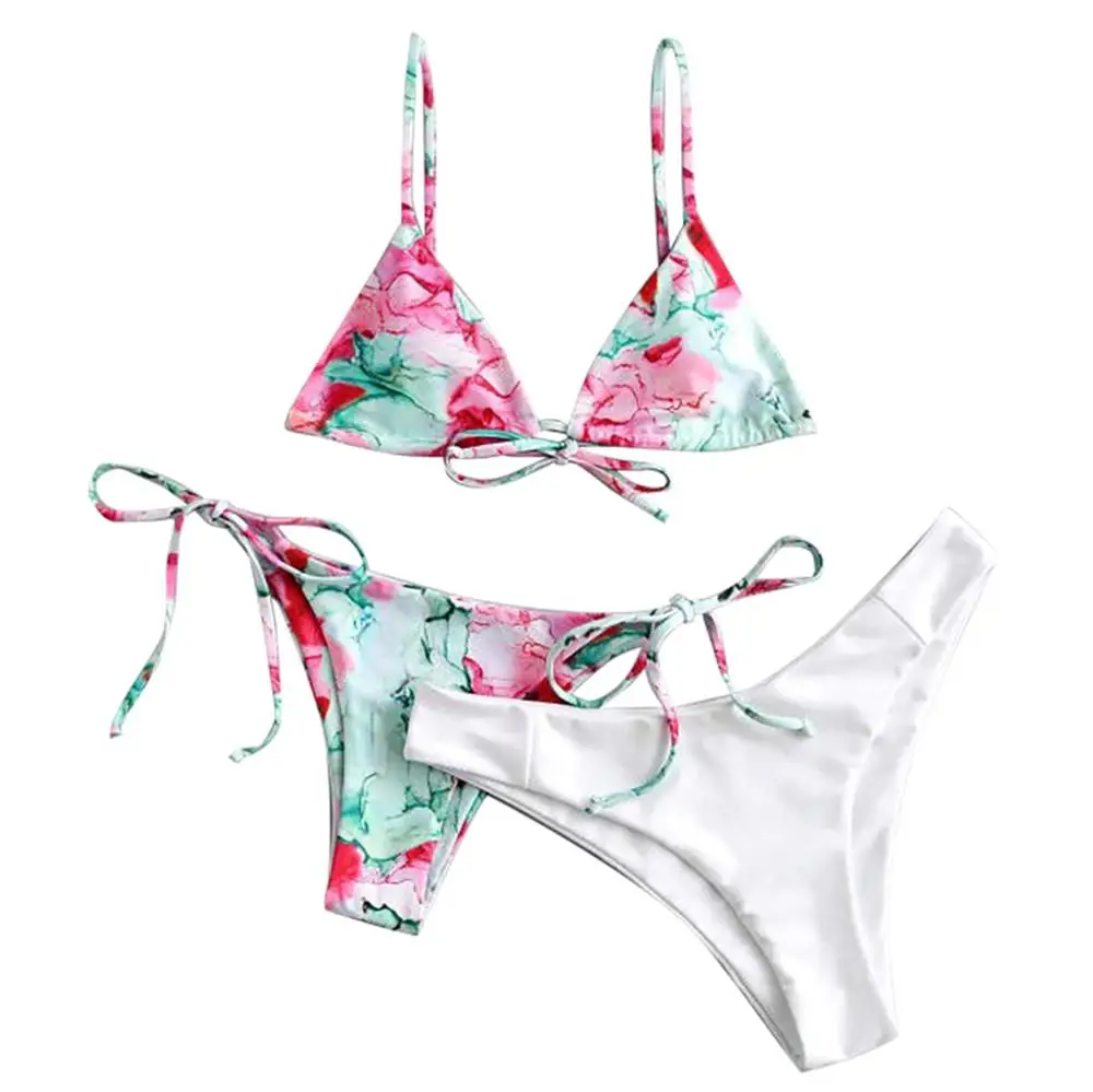 3pc print bikini push up Triangle Strap Women's set high waist Summer beach clothes women monokini swimwear Bathing suit* | Женская