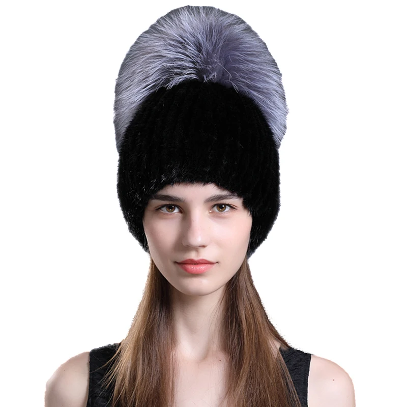 Real Mink Fur Hats Women Winter Warm Caps With Big Fox Fur Ball Skullies Beanie Handmade Fluffy Soft