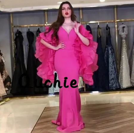 

Fuchsia Mermaid Satin Evening Dresses Lantern Sleeves Backless Special Occasion Party Dress robe soiree Prom Gown Custom Made