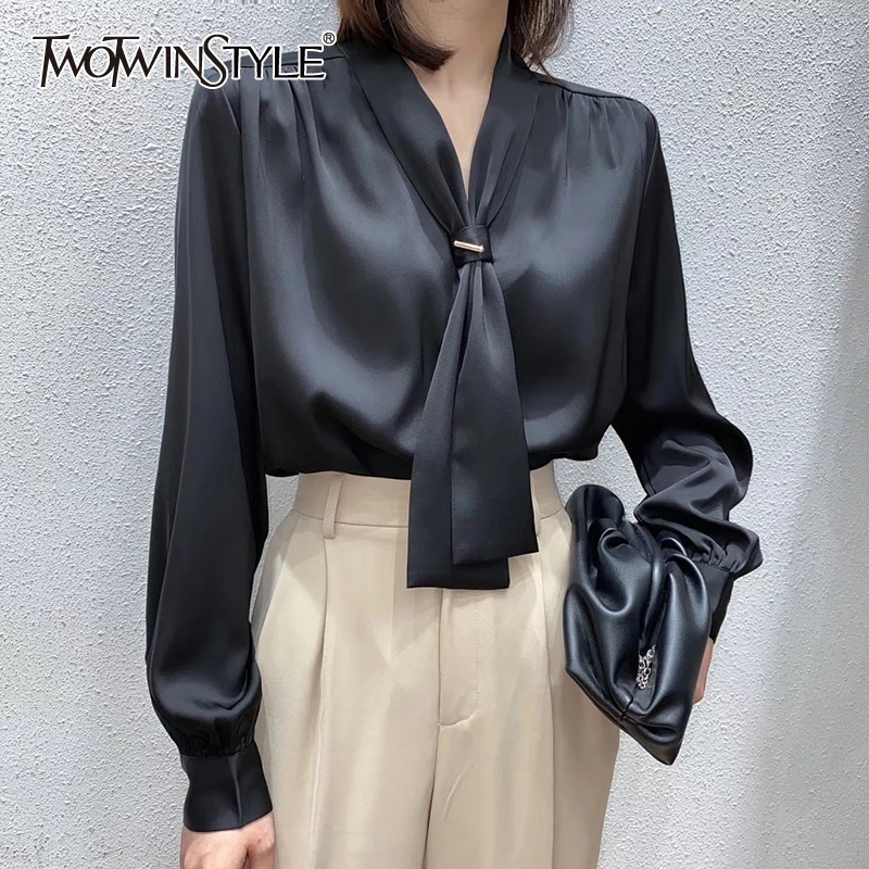 Женская блузка TWOTWINSTYLE винтажная сатиновая рубашка с длинным рукавом и