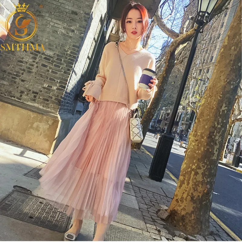 Женский вязаный свитер со шнуровкой и юбкой в сеточку однотонный пуловер с