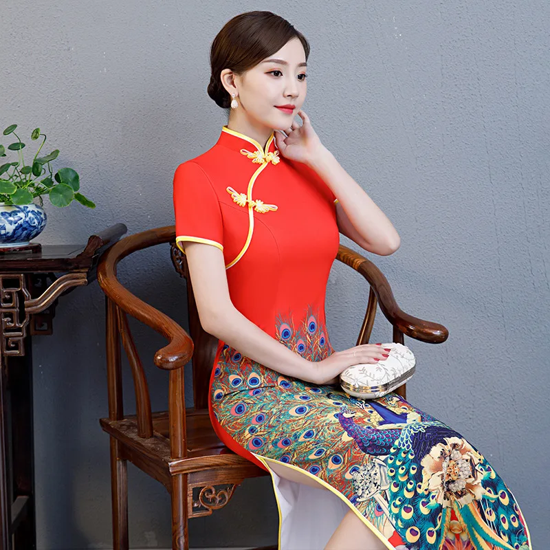 

Social Etiquette Dress Chinese Traditional Mandarin Collar Women Qipao Long Fork Print Slim Lady Cheongsam Plus Size 5XL