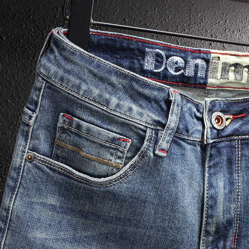 European Vintage Fashion Men Jeans Retro Blue Elastic Slim Fit Classical Designer Jeans Men Korean Style Casual Denim Pants