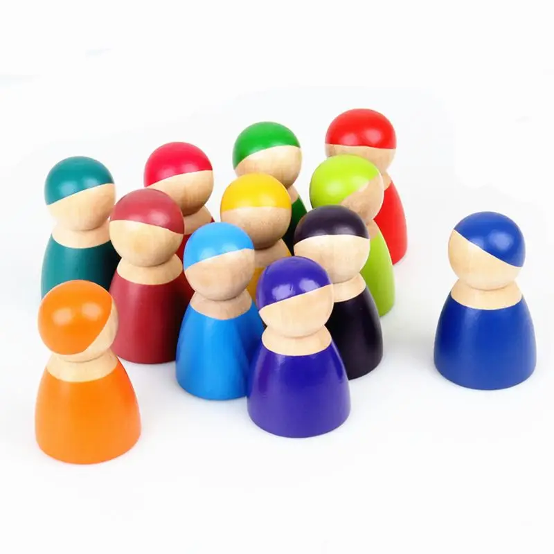 

Montessori Set Of 12 Rainbow Friends Peg Dolls Wooden Pretend Play People Figures Baby Toy Environmental Safety Paint