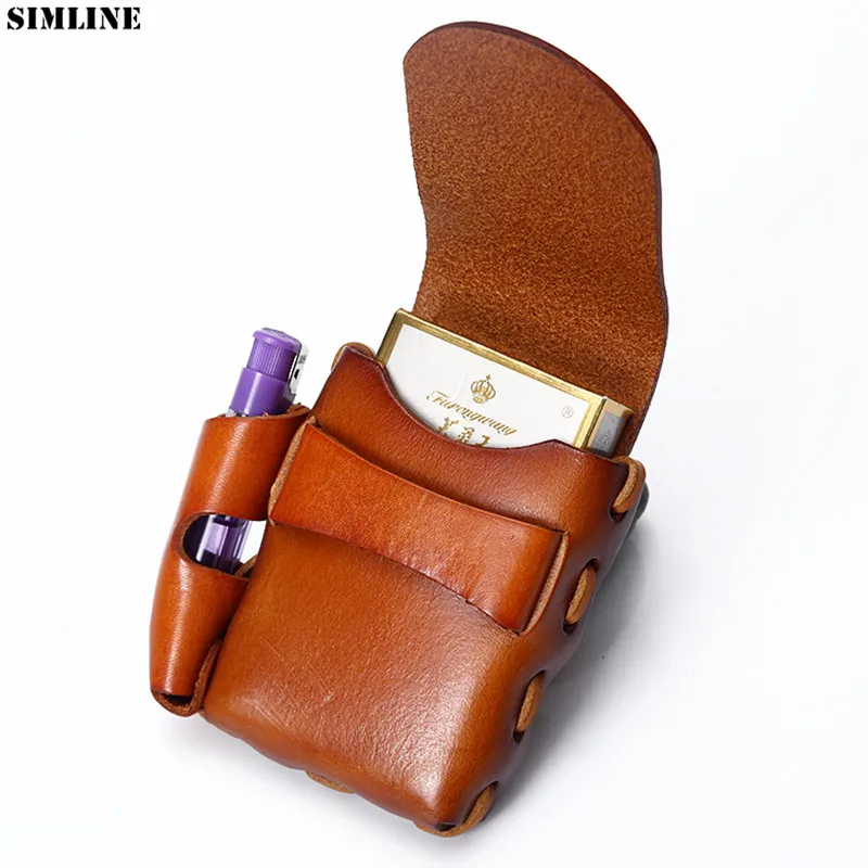 100% Genuine Leather Cigarette Case Men High Quality Cowhide Vintage Handmade Small Belt Waist Bag Pack Bags Holder For Man Male