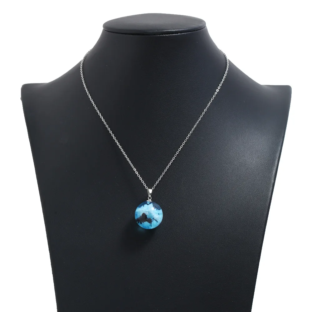 New Luminous Blue Sky White Cloud Bird Eagle Pendant Transparent Glass Ball Long Necklaces Women Resin Choker Fashion Jewelry | Украшения и