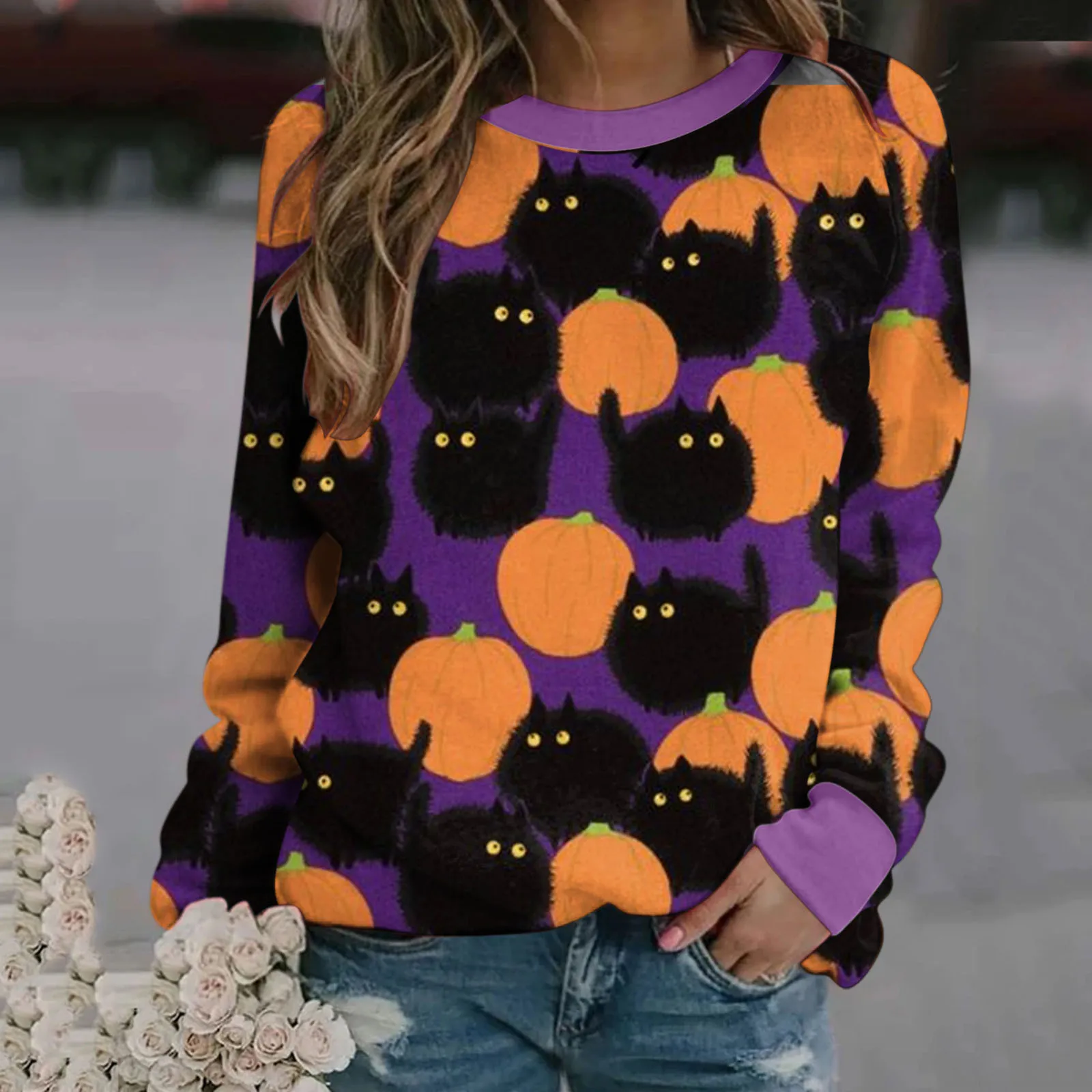 

2021 Halloween Sweatshirts For Women Fun Pumpkin Cat Printed Loose Pullover Tops Oversized Autumn Winter Casual Streetwear A40