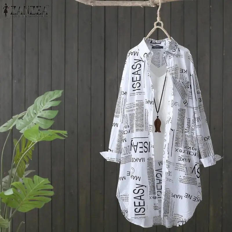 

ZANZEA Oversized Long Sleeve Tops Vintage Letter Printed Shirt Women Autumn Blouse Buttons Down Tunic Casual Lapel Neck Blusas