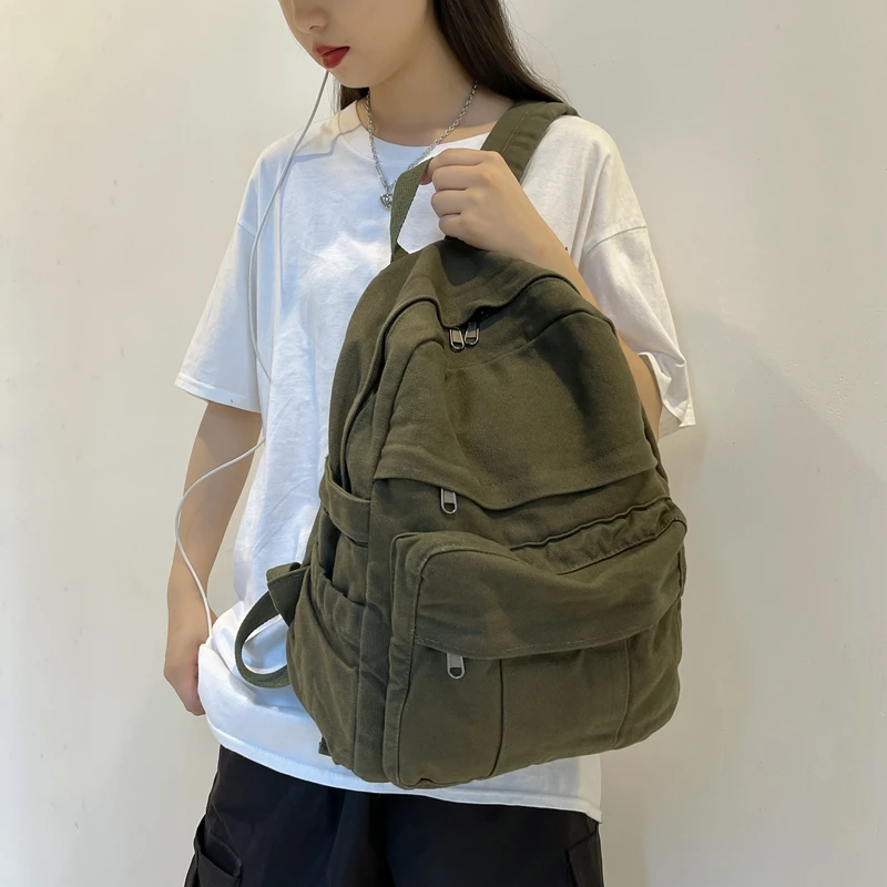 Women Cotton Canvas Cute Student Bookbag Travel Backpack Fashion Rucksack for Teen Girls School Bag Kids Gift Khaki green