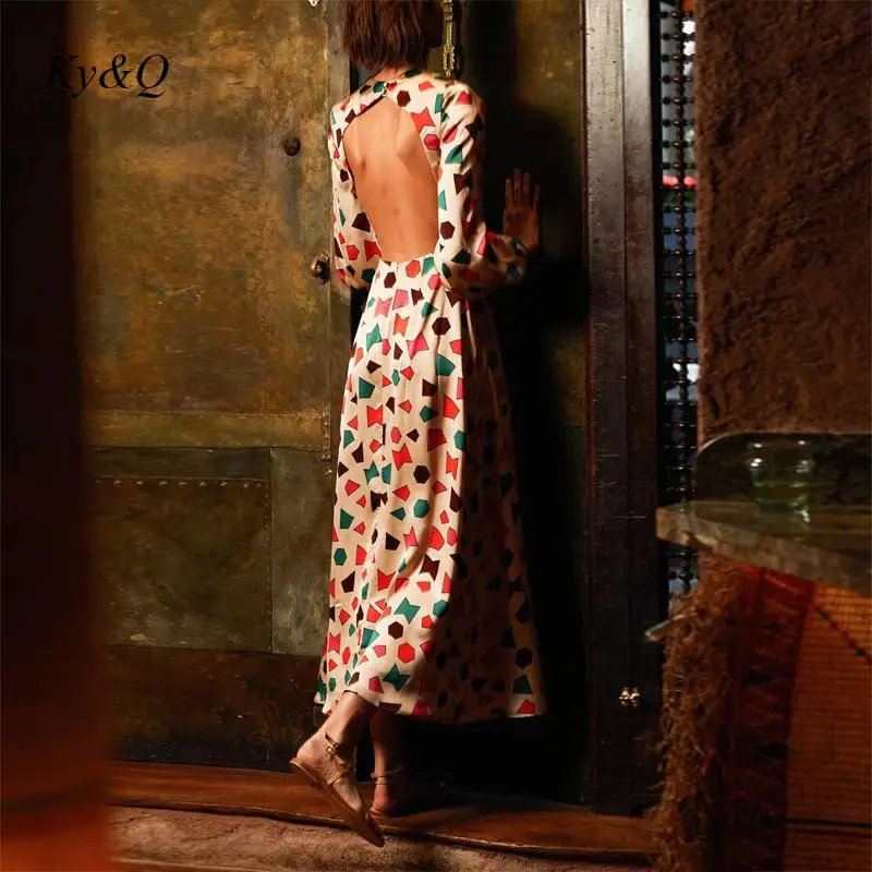 

2021 New Brand Hepburn French Open Back Dress Runway New Design Sexy Retro Satin Print Oil Painting Long Dresses High Quality