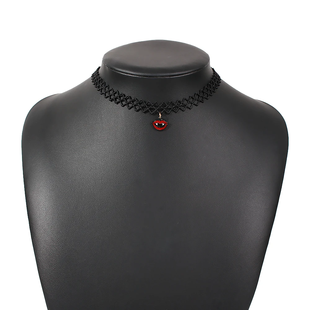 

Halloween Lace Nightclub Neck Chain Little Devil Fangs Lip Pendant Necklace Woman New Necklace2020Aesthetic Goth Custom Necklace