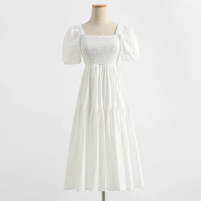

In the summer of 2021, the new women's French white dress sweet bubble sleeves shoulder dress women's dress