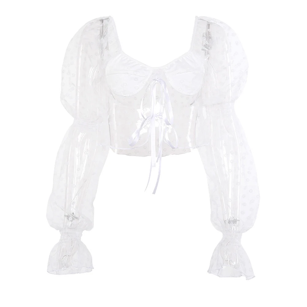 

Women Sexy Low-cut See Through Top Summer Blouses Long Flare Sleeve Chest Bandage Short Top Shirts Streetwear Fashion Clothes