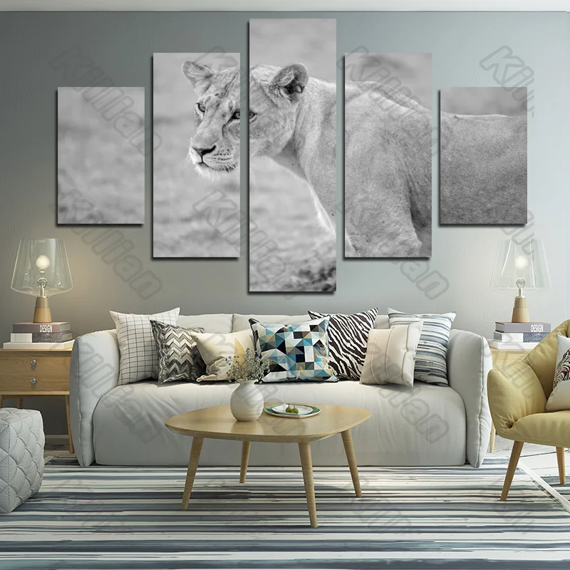 

Animal Style Mural Canvas Paintings Modular Bed Home Decor Prints 5 Pieces Lioness Grassland Decoration Living Room Wall Fresco
