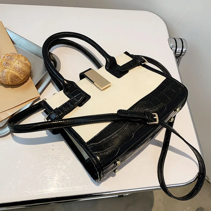 

Большая Сумка-тоут контрастных цветов, новинка 2021, модная Высококачественная женская дизайнерская сумка из искусственной кожи, холщовая су...