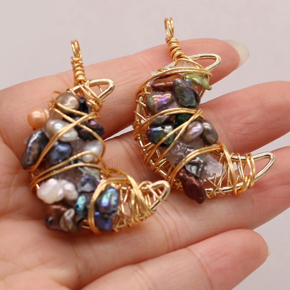 

2021New Natural Stone Semi-precious Stones Moon-shaped Gold Thread Pearl Pendant Making DIY Necklace Bracelet Jewelry Gift Party