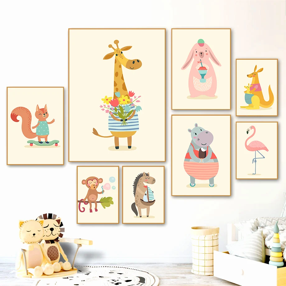 

Cartoon Giraffe Monkey Flamingo Dog Nordic Posters And Prints Wall Art Canvas Painting Animals Wall Pictures For Kids Room Decor