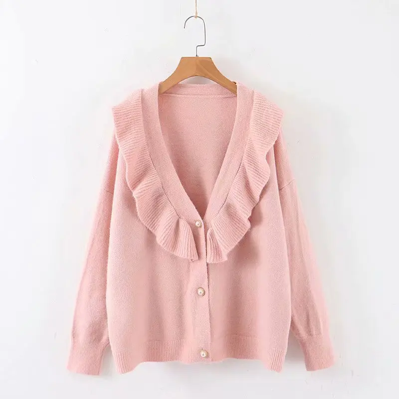 Woah 2019 Wednesday 8-60-9519 European and American fashion lotus leaf cardigan sweater |