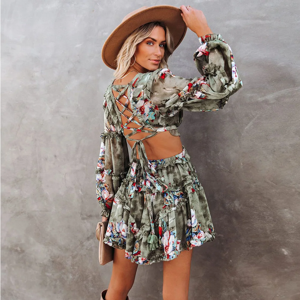 

Floral Print Ruffle Backless Beach Dress 2023 Women Beach Outing Lantern Sleeve Swimsuit Cover Up Skirt Sexy Deep V Neck Dresses