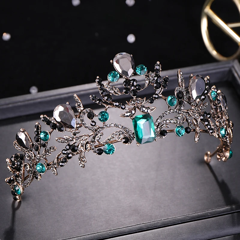 Свадебная диадема и винтажная Золотая Корона с черными зелеными кристаллами