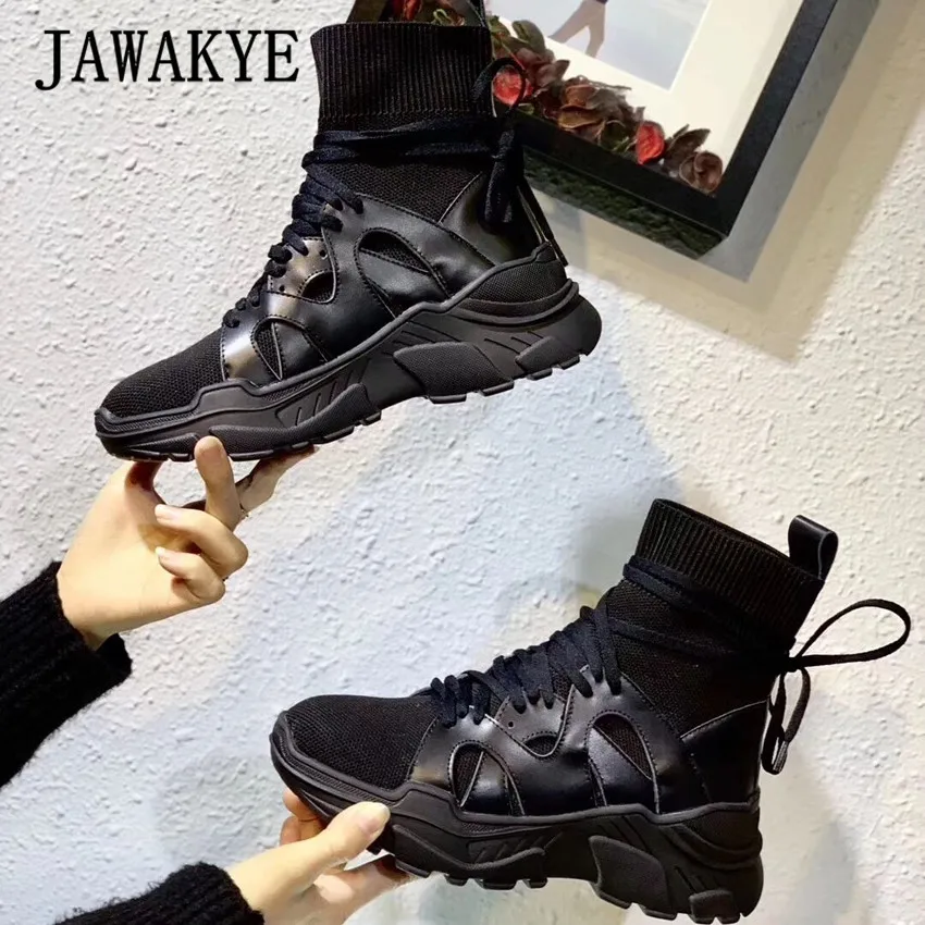 JAWAKYE/вязаные носки на шнуровке; ботильоны; женская обувь на эластичной платформе; сезон осень; Цвет черный, бежевый; женские повседневные короткие ботинки; botas mujer
